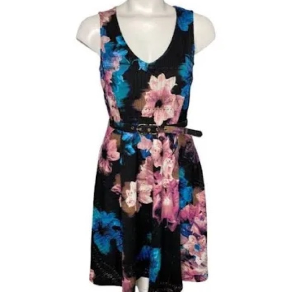 Jennifer Lopez Black Floral Sleeveless Belted Fit and Flare Dress-XS